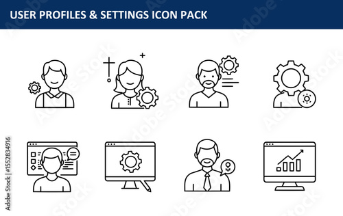 User profiles and settings icons, diverse demographics in various work settings. Various individuals, demonstrating settings and user profiles, presented in a professional office environment.