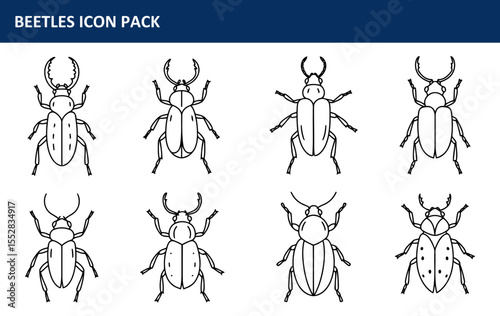 Beetle icon pack featuring various beetle silhouettes in a simple line art style. Diverse beetle types presented in a uniform aesthetic for use in educational materials or graphic design projects.