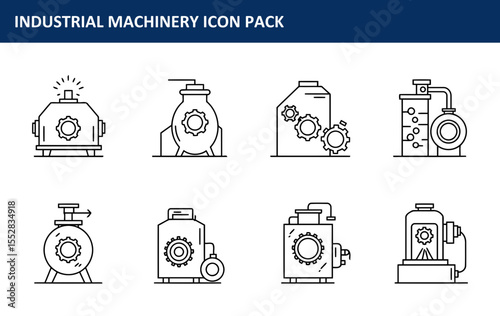 Industrial machinery icon pack depicting various machinery components in a technical, illustrative style. Line drawings of industrial equipment, showcasing different types of machinery.