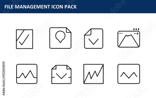 File management icon pack showcasing various file types and actions in a clean, modern design. Simple, easily identifiable icons for digital storage and organization.
