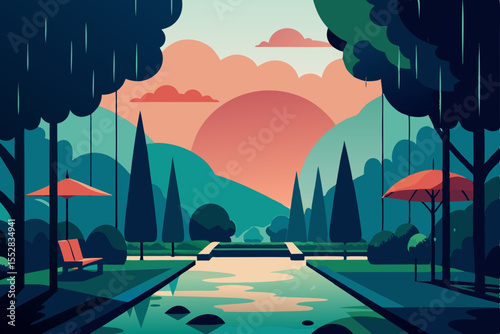 Orange sky autumn sunset cityscape illustration with a river and distant mountains