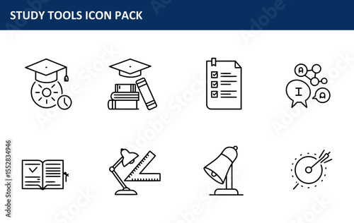 Study Tools Icon Pack. various educational tools in a simple, clean design. Collection of icons for student and educator use. General academic use in a digital library -