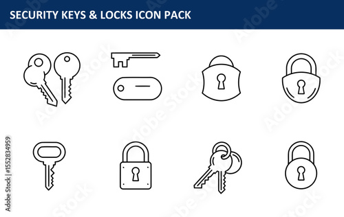 The security keys and locks icon pack with simple black line illustrations of various keys and padlocks is presented in a set of simple, clean illustrations ideal for websites and resources.