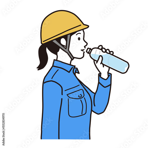 熱中症対策でペットボトルの水を飲む作業服の女性　シンプルなイラスト
