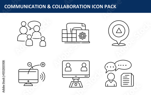 The communication & collaboration icon pack featuring diverse people interacting in various settings is shown in a set of line art icons suitable for digital marketing materials and platforms.