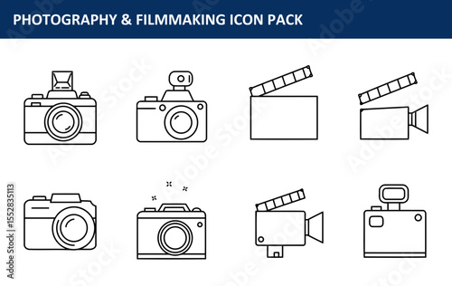 Photography & filmmaking icon pack depicting various cameras and movie clapperboards. Simple line art icons suitable for design projects.