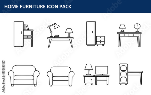 Home furniture icon pack depicting various pieces of furniture in a modern, minimalist style. Collection of living room and office furniture illustrations with a neutral color palette.