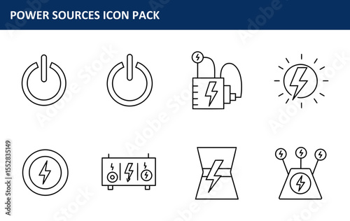 Power Source Icons in a Vector Format. Collection of line art icons representing different power sources and functions.