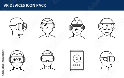 VR Devices Icon Pack depicting diverse users experiencing virtual reality. various poses and applications.