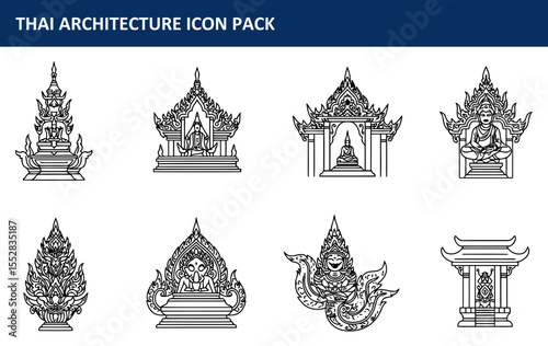 Thai architectural icon collection showcasing intricate details and decorative elements. Stylized depictions of religious structures with a focus on ornamental motifs.
