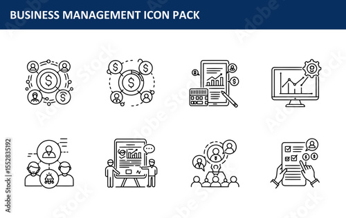 Business management icons depicting teamwork, financial analysis, presentations, and professional growth.