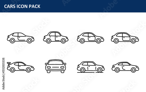 The Cars Icon Pack features a comprehensive collection of various car silhouettes from different views, effectively highlighting diverse angles and positions for automotive applications.