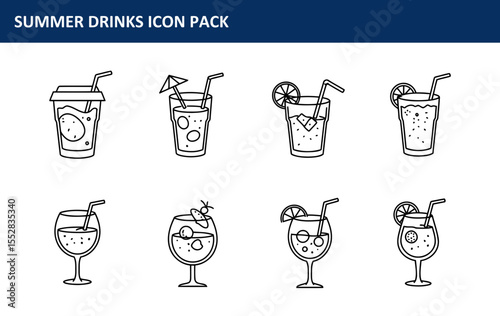 Summer drinks icon pack depicting various beverages with straw and fruit garnishes. Simple, line art illustrations of different summer drinks in various glasses.