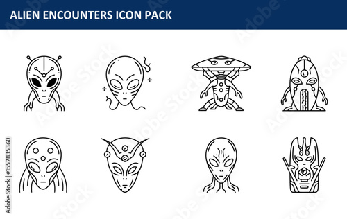 Alien encounters icon pack showing various alien species in a graphic design format. Simple line art depictions of extraterrestrial beings and vehicles against a plain white background.