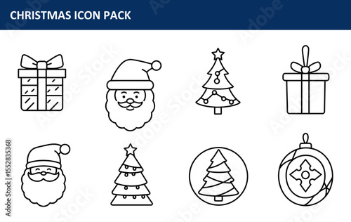 Christmas icon pack of gift, Santa, Christmas tree and ornament. Simple line art of festive symbols for design and decor.