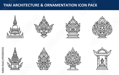 Thai architectural and ornamental icons in a graphic design format. Intricate line drawings of pagodas and decorative elements in a stylized, symbolic pose against a plain white background.