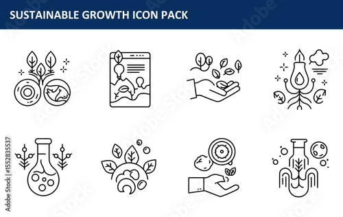 The sustainable growth icon pack illustrating various concepts in a linear, minimalist style is presented in a set of simple, elegant line icons focusing on environmental sustainability.