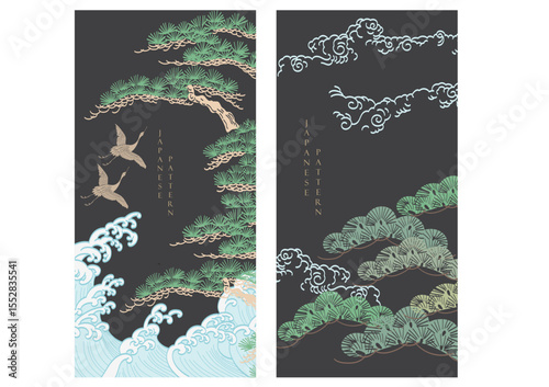 Bonsai tree with cran birds and hand drawn wave elements. Geometric pattern in vintage style. Japanese background with Asian traditional icon vector.