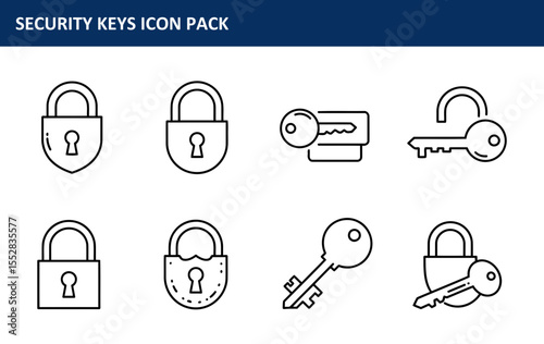 Security keys icon pack showcasing various lock and key illustrations in a simple, outlined design. Collection of security access symbols for different applications.