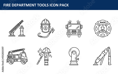 Fire department tools icon pack depicting various equipment in a flat, line art style. Set of firefighter tools and equipment, showcasing fire trucks, helmets, and hoses.