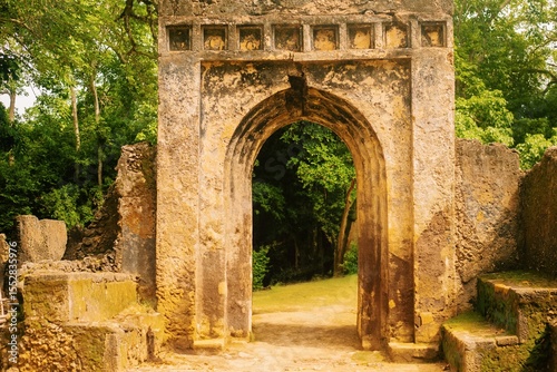Obraz na plátně An old abandoned Swahili door at Gede Ruins - an abandoned Swahili coastal settl
