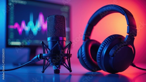 Professional audio recording setup featuring a studio microphone and headphones with a visualizer display
