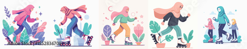 vector of hijab woman playing roller skates