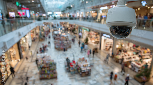 High angle view of busy indoor shopping mall with CCTV camera ensuring safety and crowd surveillance for retail security services