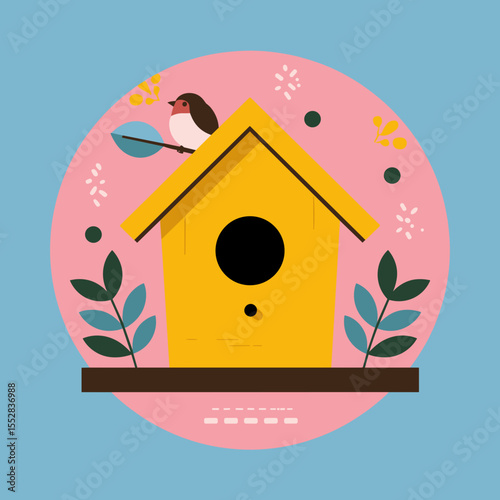 Birdhouse with a Perched Bird in Pastel Colors, Representing Nature and Serenity