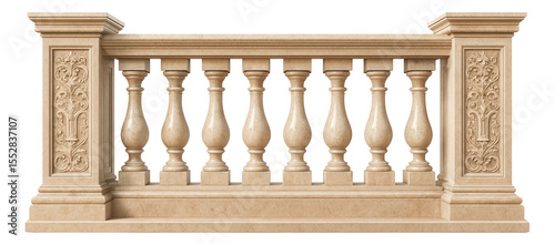 Stone balustrade railing with ornate pillars, creating a grand entrance for a luxury villa terrace.