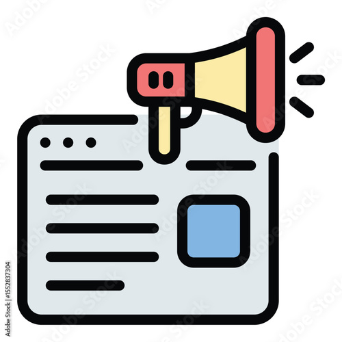Blogger advertising icon flat line style illustration representing promotional content created by influencers or content creators, suitable for digital marketing, brand partnerships