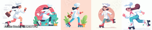 female chef vector playing roller skates