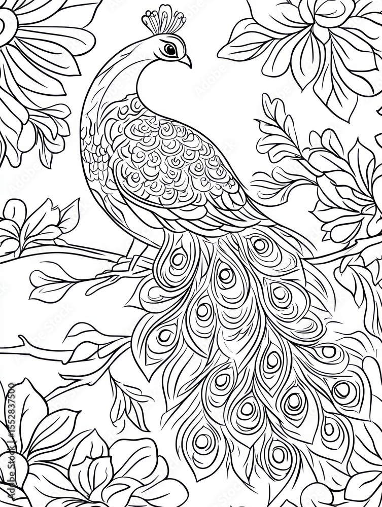 Fototapeta premium Peacock coloring page, floral design, artistic, kids activity, printable