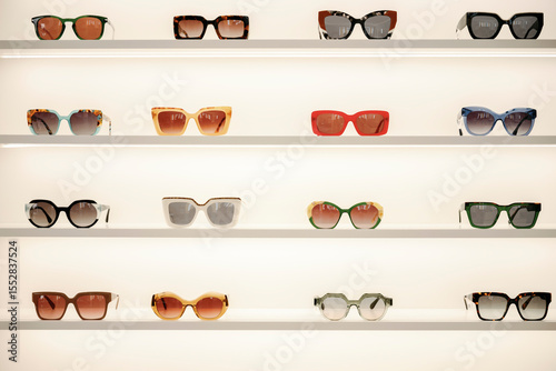 Colorful sunglasses displayed on shelves in a shop