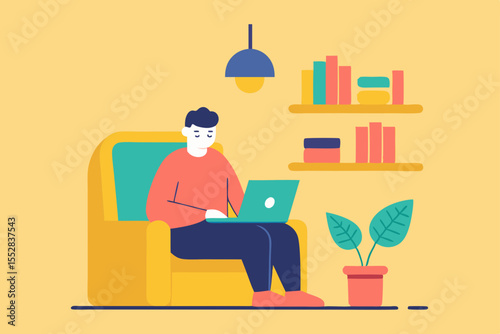 Cartoon business people working on laptops at their office desks