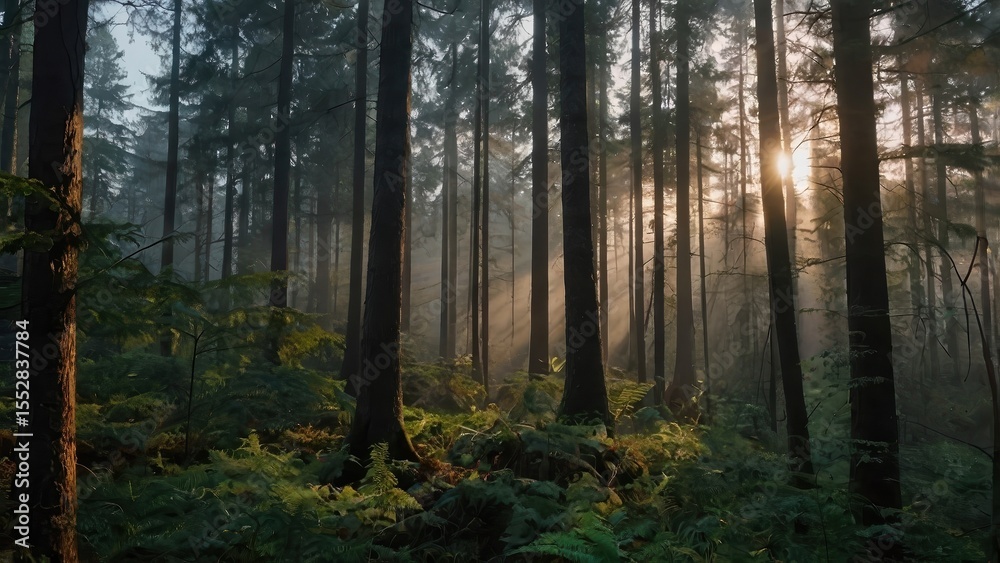 Obraz premium A view into a dense forest with tall trees and sunlight filtering through the branches and foggy mist