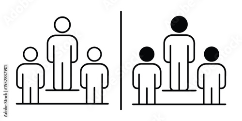 Leadership Concept: A clean and modern iconographic representation visually contrasting leadership roles and team dynamics. Two groups are shown, each with a leader and members.