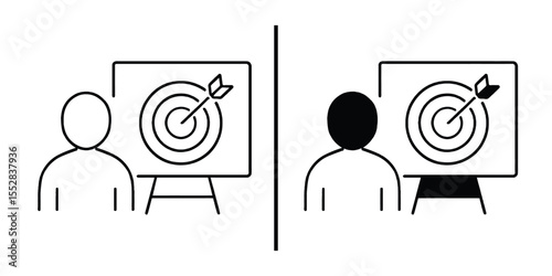 Aim and Person Icon Set: A symbol set displaying a person aiming towards a target on a board, isolated on transparent layout.