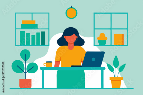 Businesswoman cartoon vector illustration of a person working on a laptop at a desk in an office room