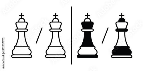 Chess king icons: Vector illustrations of chess king icons in black and white, symbolizing strategy, power, and intellectual challenge.