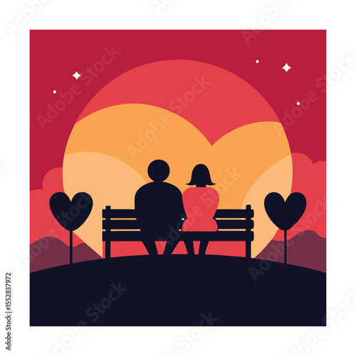 Romantic Sunset Scene with Couple on Bench