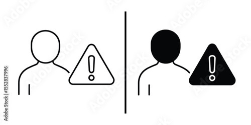Alerting Icons: Two stylized human silhouettes, one outlined and the other filled, each paired with an exclamation mark inside a warning triangle, symbolizing awareness and caution.