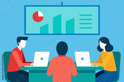 Business people in a meeting at the office working on computers, a vector illustration
