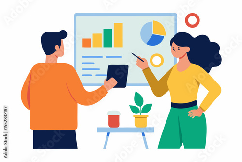 Cartoon vector illustration of business people meeting in an office, featuring a diverse group of men and women