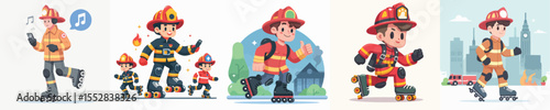 firefighter vector playing roller skates