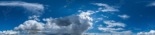 Seamless hdri panorama 360 degrees angle view blue sky with beautiful cumulus clouds with zenith for use in 3d graphics or game development as sky dome or edit drone shot