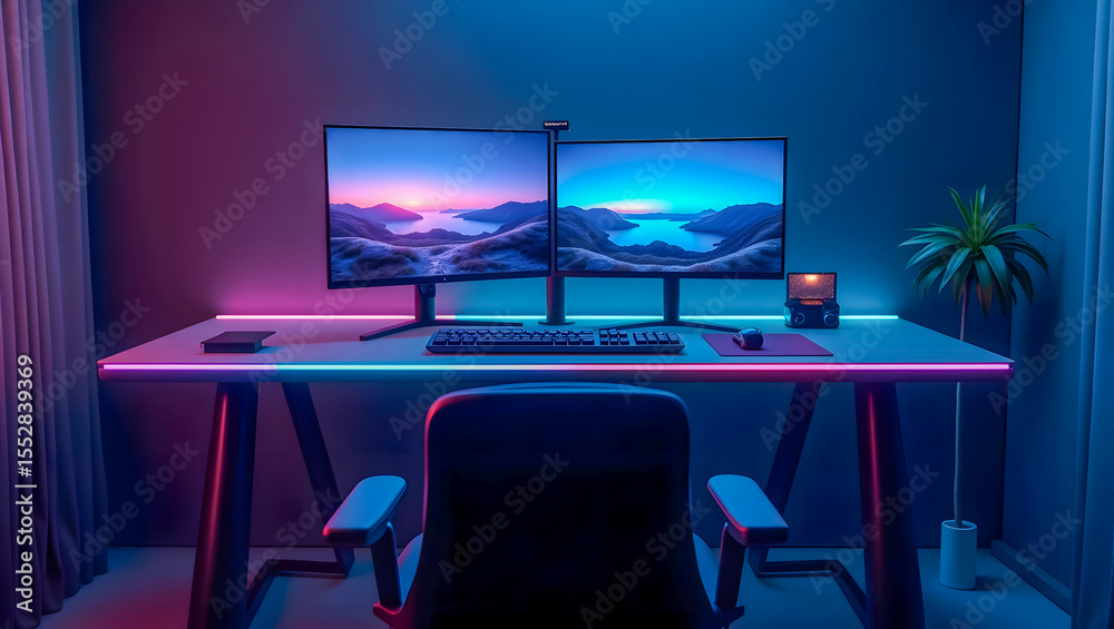 Naklejka premium Ultra-Modern Dual Monitor Desktop Setup in Dark Room with RGB Lighting – 4K Resolution