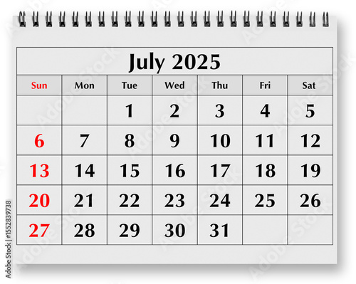 Page of annual monthly calendar - month july 2025