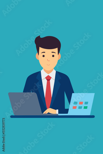 Businessman in a suit holding a laptop, engaged in professional work in an office setting