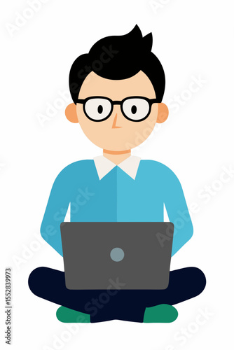 A handsome businessman in a suit and glasses is working on a laptop at his office desk